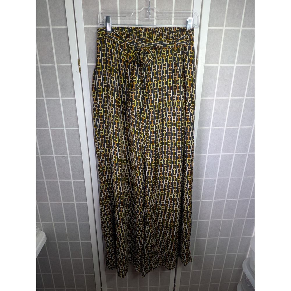 Her Destiny Womens Wide Leg Pant Chain Elastic Waist Tie Belt Black Yellow Lined